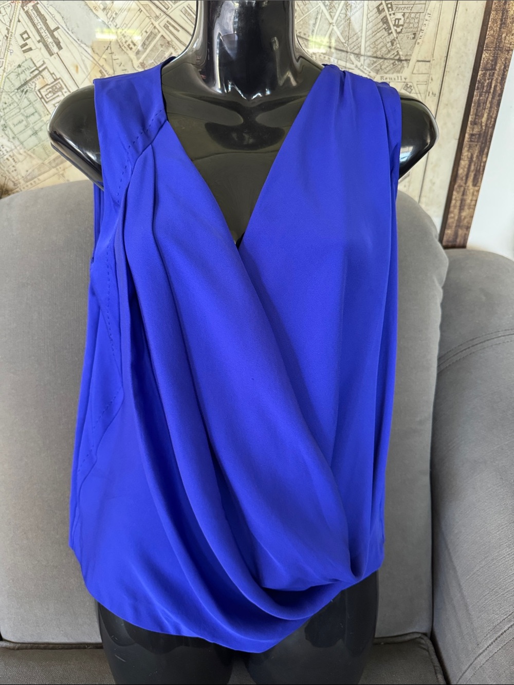 Diane Von Furstenberg Royal Blue Draped V-Neck Sleeveless Blouse | Size 4